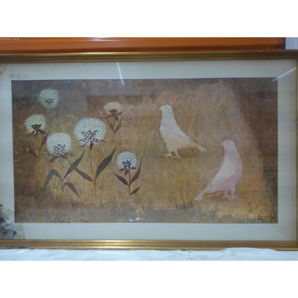 Vintage Oil Painting Signed Hovet – Doves & Flowers 41x25 with Frame